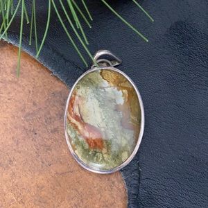 . Vintage Oval Jasper 925 Sterling Silver Pendant - Earthy Green Red Orange